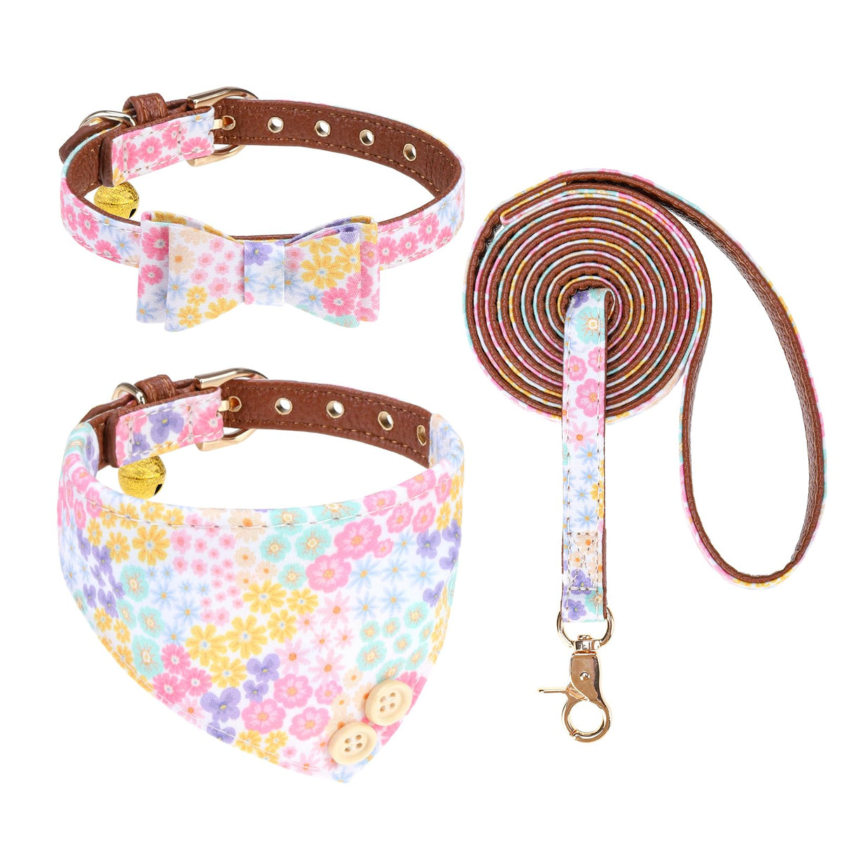 KOOLTAIL Cute Small Dog Collar and Leash Set with Bowtie and Bells,Puppy Bandana Collar and Leash for Girls with Pink Heart Pattern,Soft Leather Tangle Free Leashes for Small Dogs,Cats