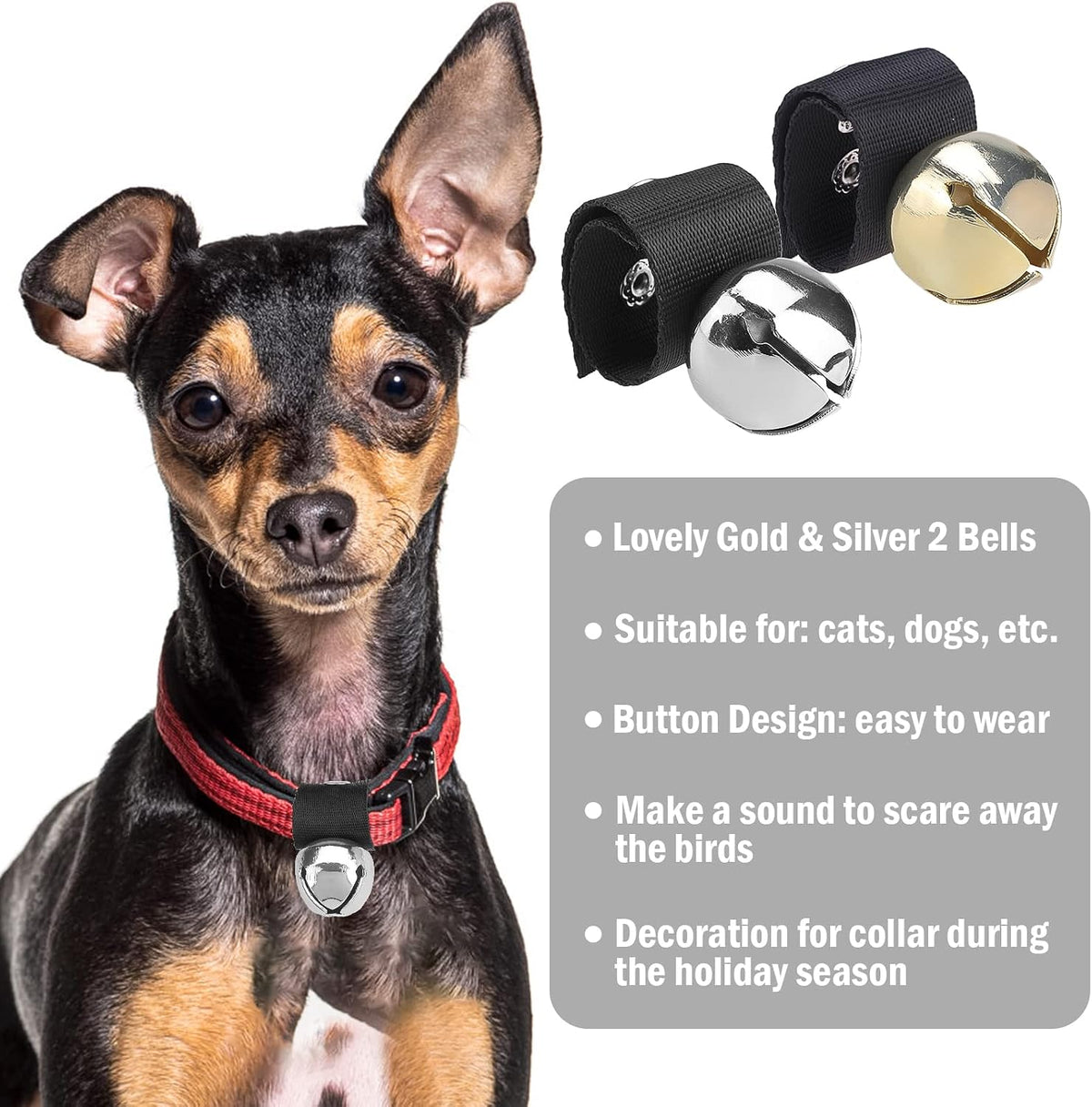 SCENEREAL Large Dog Collar Bell for Training, Hiking, Walking, Hunting, Pet Tracker, 2 Pack 1.5" Extra Loud Pet Bell for Save Wildlife and Birds (Bear Bell, Cow Bell) Gold | Silver