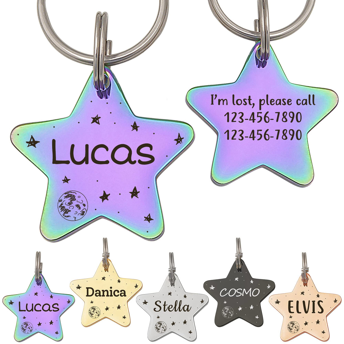 Anavia Starry Sky Theme Pet ID Tags in Half Moon & Star Shape, Personalized Dog Name Tag Cat Tag, Glossy Stainless Steel Gold Plated Black Rainbow Dog Collar Tag (Medium, Star Shape, Black)