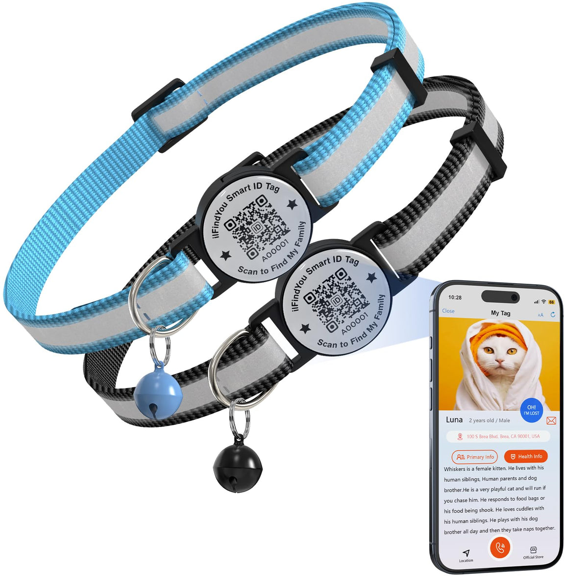 Cat Collar Breakaway QR Code, Reflective cat Collar with Bells, 3-Pack