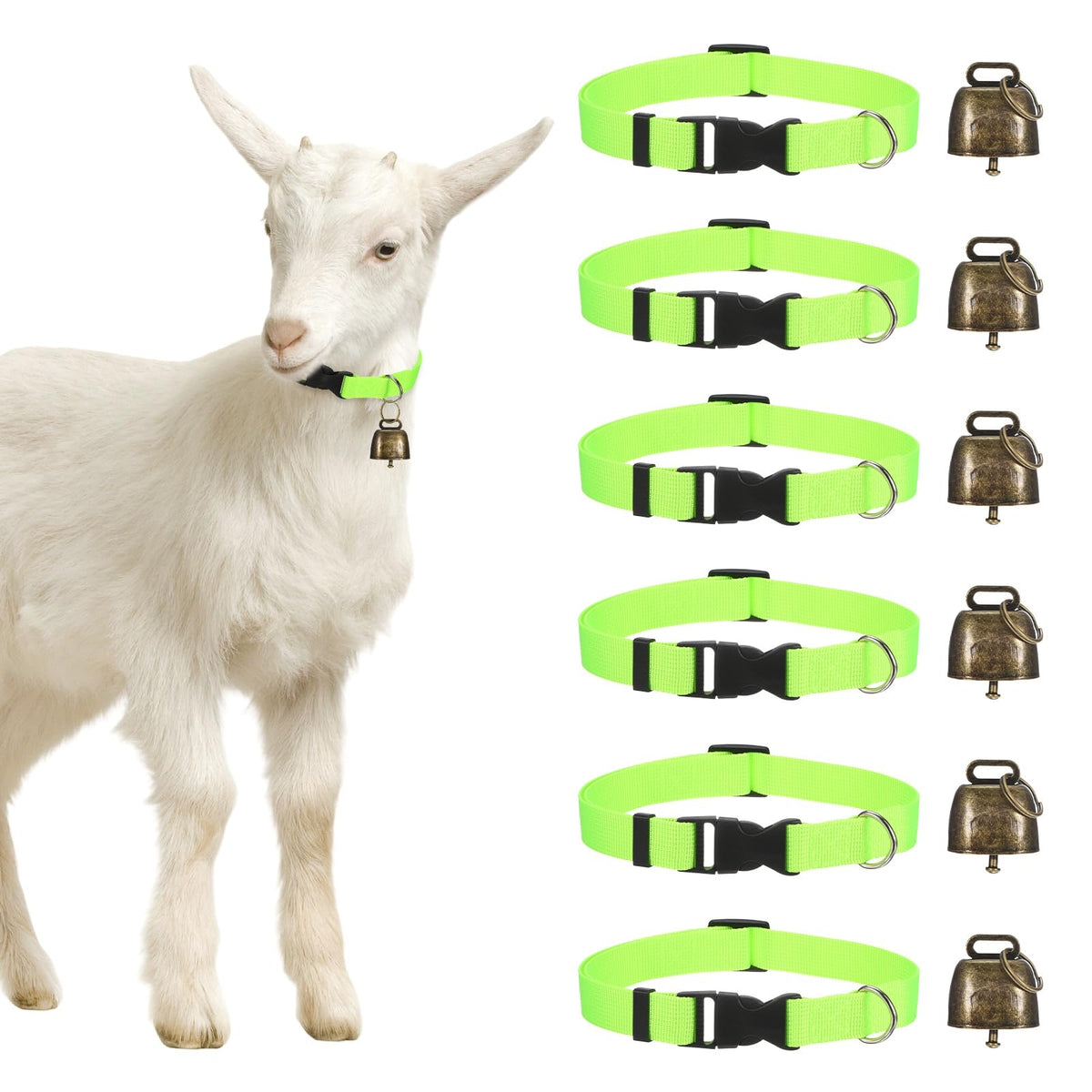 M METERXITY 6-Pack Goat Collars with Bells, 13.8"-20.5" Polyester Adjustable Pet Collar with Anti-Lost Grazing Copper Bell for Small Farm Animal/Sheep/Cow/Goat [Black]