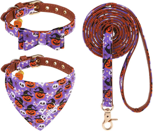 PUPTECK Halloween Dog Collar and Leash Set - 3 Pack Adjustable Pet Bandana Collars with Bow Tie and Bells, Soft Leather for Small Dogs Puppies and Cats Accessories, Orange Pumpkin
