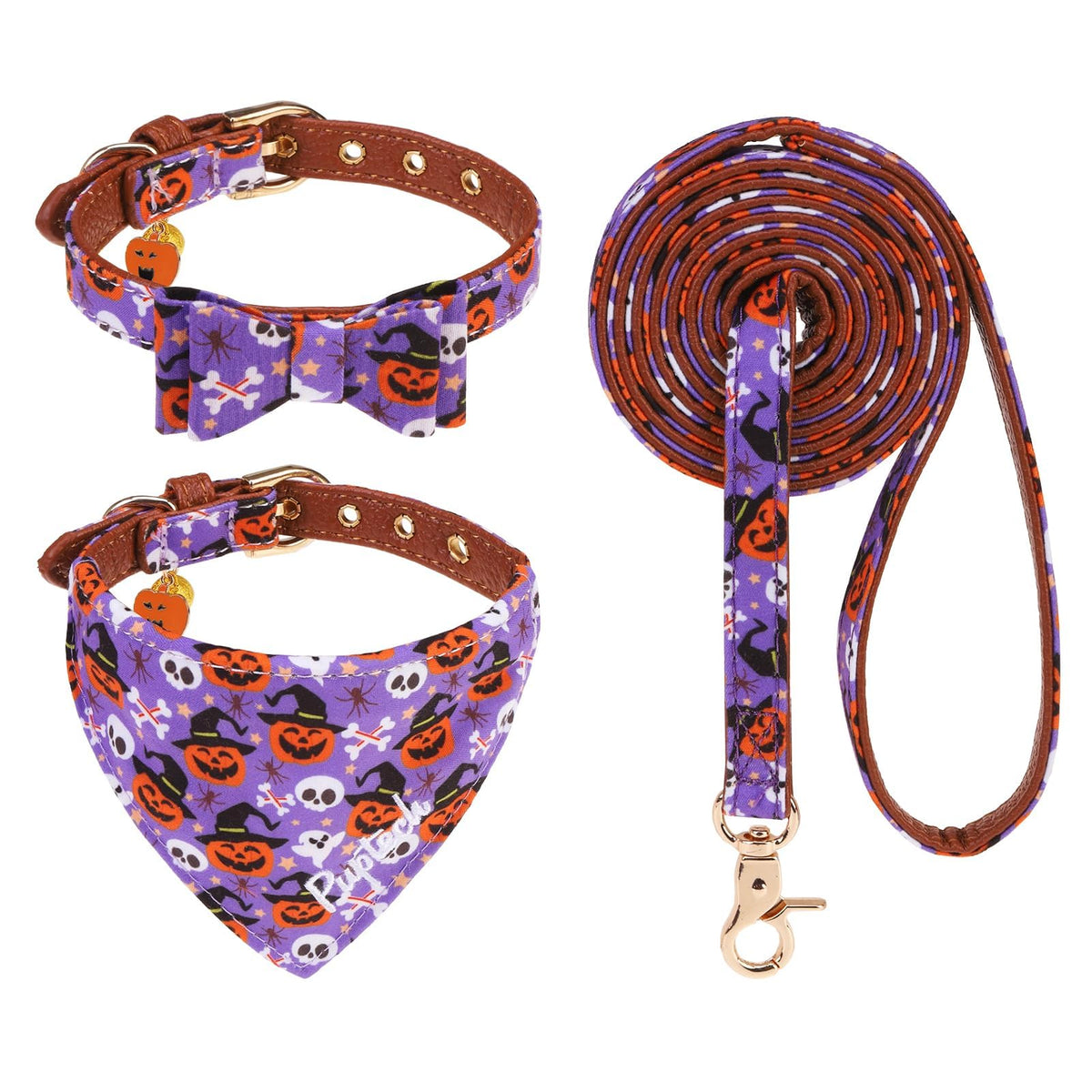 PUPTECK Halloween Dog Collar and Leash Set - 3 Pack Adjustable Pet Bandana Collars with Bow Tie and Bells, Soft Leather for Small Dogs Puppies and Cats Accessories, Orange Pumpkin