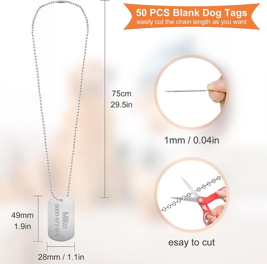 100 Pcs Military Dog Tags Set, 50 Pcs Aluminum Blank Dog Tags, 50 Pcs Iron Necklace Chain, Engraved for Pets, Perfect for DIY Decorative Craft Pet ID Tags, Silver