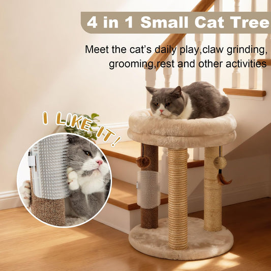 MECOOL 4in1 Small Cat Tree,Scratching Post with Tower Soft Bed, Sisal Carpet Jute Posts with Three Hanging Ball Toys and Massage Brush for Indoor Cats