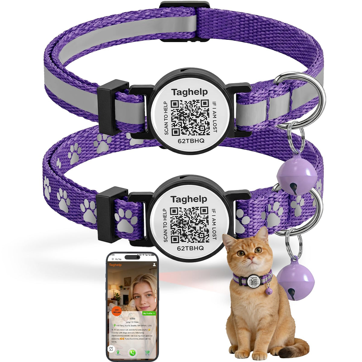 2 Pack Airtag Cat Collar, Breakaway Cat Airtag with Smart ID tag & QR Code Reflective (Moon Stars - Black & Pink, with Integrated AirTag Holder)