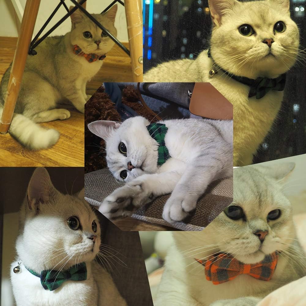 Cat Collar Breakaway with Bell and Bow Tie, Plaid Design Adjustable Safety Kitty Kitten Collars Set of 2 PCS (6.8-10.8in) (Green&Orange Plaid)