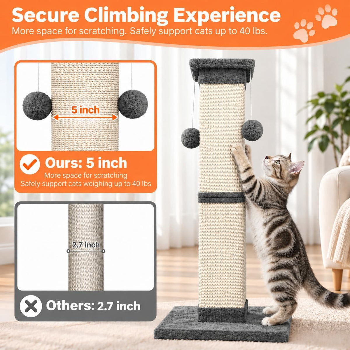 Cat Scratching Post 33 Inch Nature Sisal Scratch Post for Indoor Cats, Large Cat Scratcher Protect Your Furniture, for All Breeds Grey