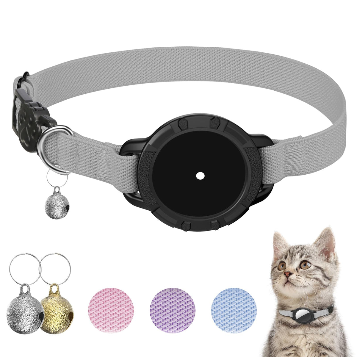 AirTag Cat Collars, Stretchy Collar with AirTag Holder and Bell