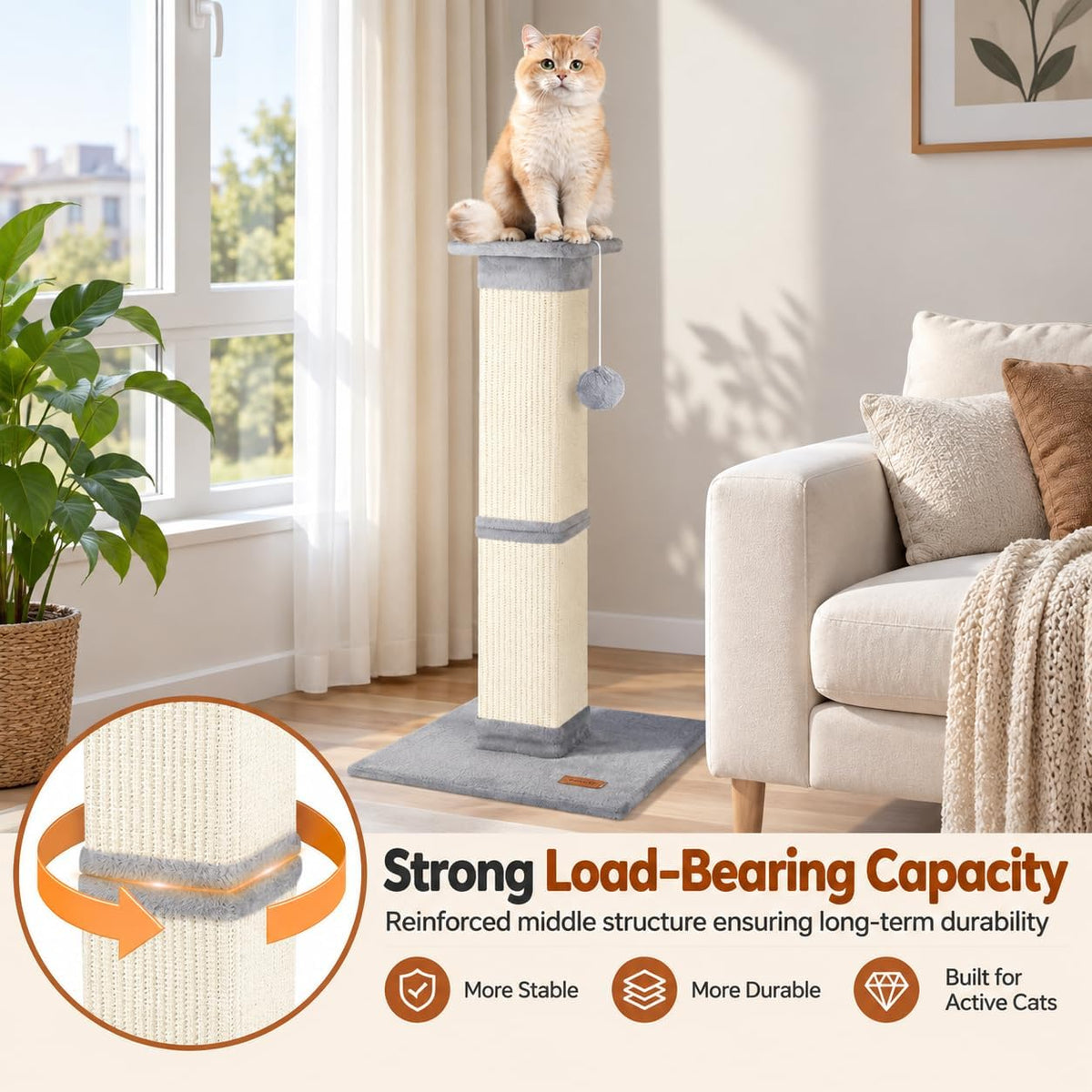 Cat Scratching Post 33 Inch for Indoor Cats, Tall Cat Scratcher with 100% Natural Sisal, Large Stable Base & 5 Inch Wide Post, Cat Scratch Post for Large Cats, Full-Body Stretching, Grey