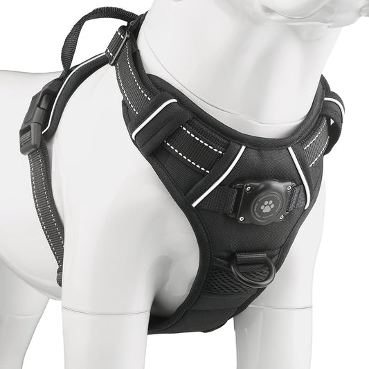 Dog Harness with 100% Waterproof AirTag Holder, AirTag Dog Vest (Black,M)