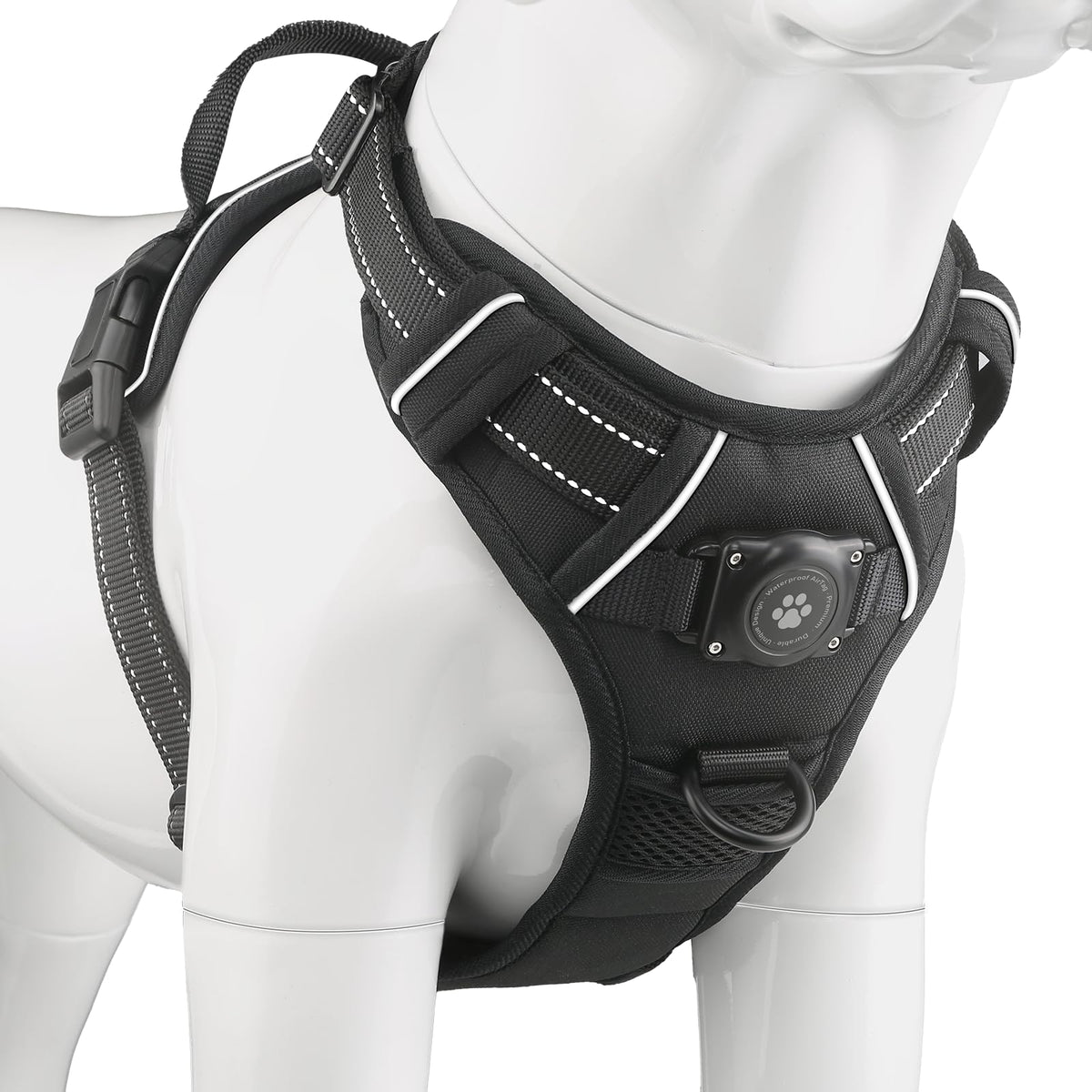 Dog Harness with 100% Waterproof AirTag Holder, AirTag Dog Vest (Black,M)