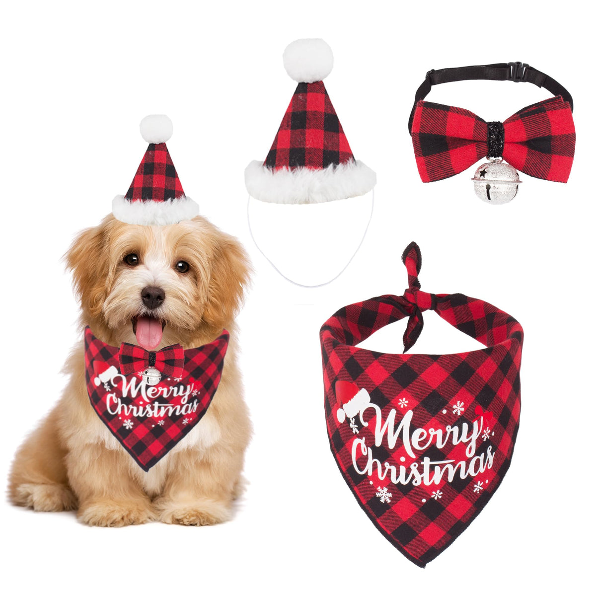 ADOGGYGO Christmas Dog Bandana Hat Bow Tie Set - Stylish Red Plaid Puppy Christmas Hat Scarf Costume Outfit for Small Dogs Pets (Small)