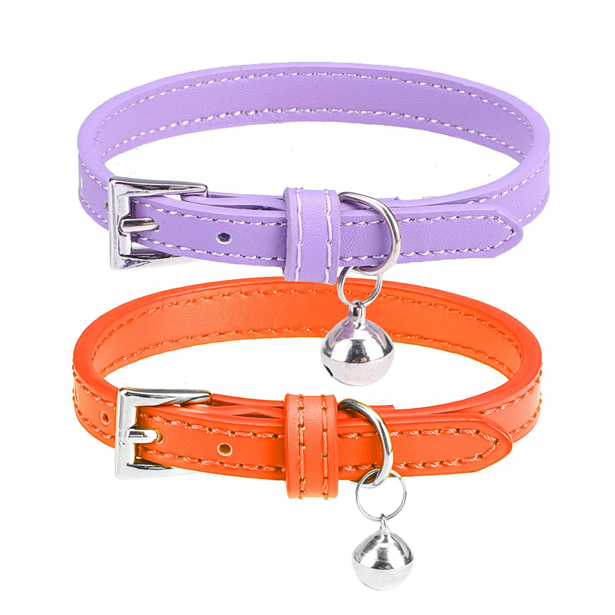 PUPTECK 2 PCS Soft Genuine Leather Cat Kitten Collar with Bells Adjustable for Girl Boy Cats Puppy - Yellow, Teal