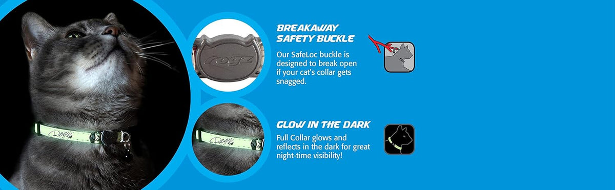 Rogz Glow in the Dark Reflective Cat Collar with Breakaway Clip and Removable Bell, fully adjustable to fit most breeds, Jumping Black Cat Design