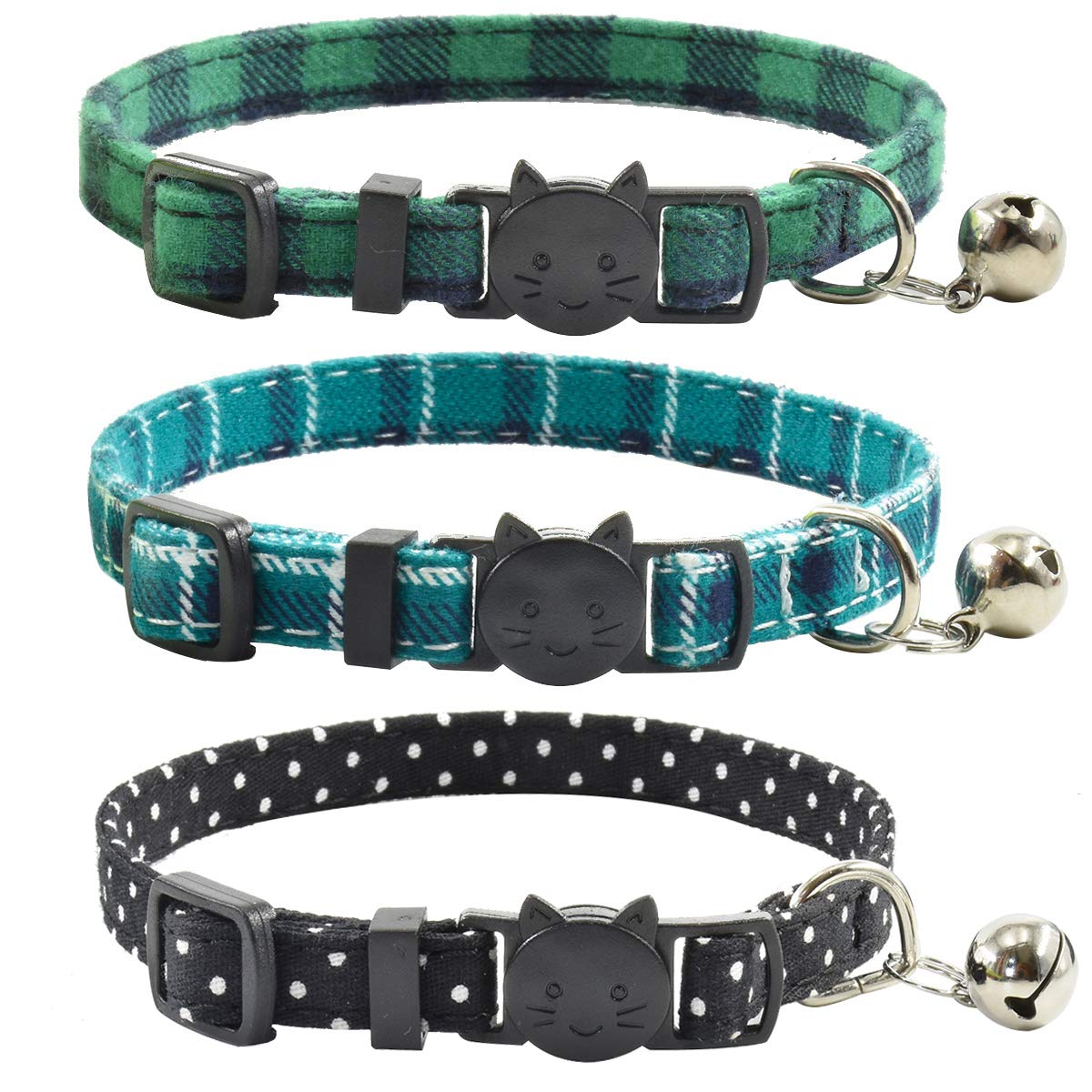 Breakaway Cat Collars with Bell, Set of 3, Durable & Safe Cute Kitten Collars Safety Adjustable Kitty Collar for Cat Puppy 7.5-11in (Plaid-2)