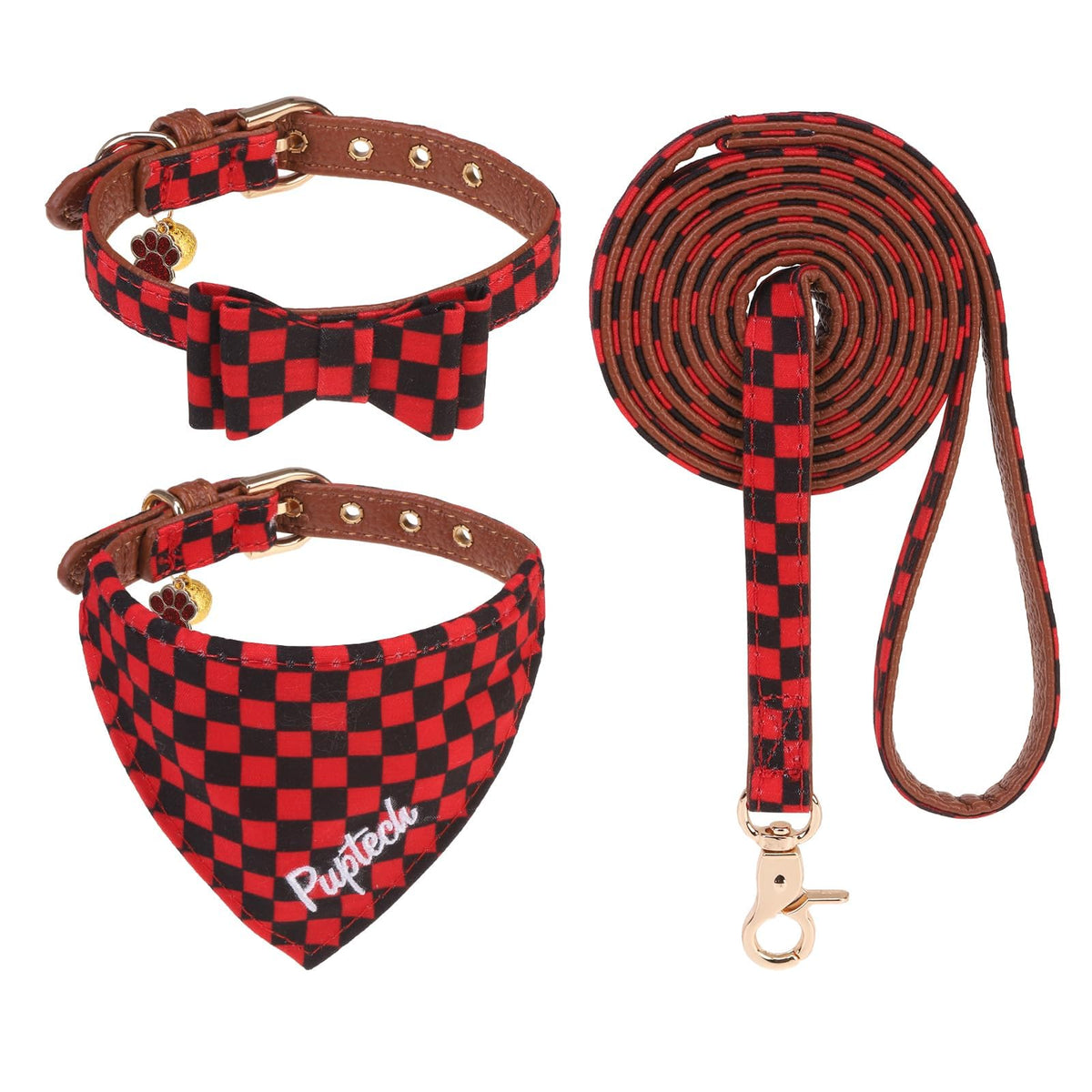 PUPTECK Halloween Dog Collar and Leash Set - 3 Pack Adjustable Pet Bandana Collars with Bow Tie and Bells, Soft Leather for Small Dogs Puppies and Cats Accessories, Orange Pumpkin