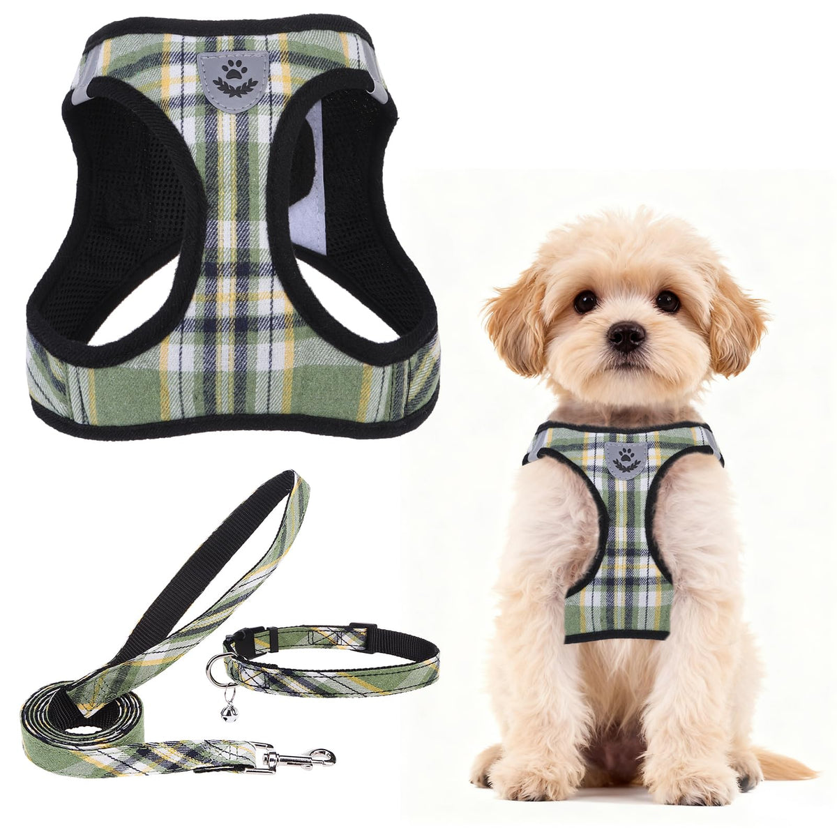 PUPTECK Adjustable Pet Harness Collar &Leash Set Step in for Small Dogs Puppy &Cats Outdoor Training &Running, Soft Mesh Padded Reflective Vest Harness,M: Chest girth: 16-18in Collar: 11.8-15.7in