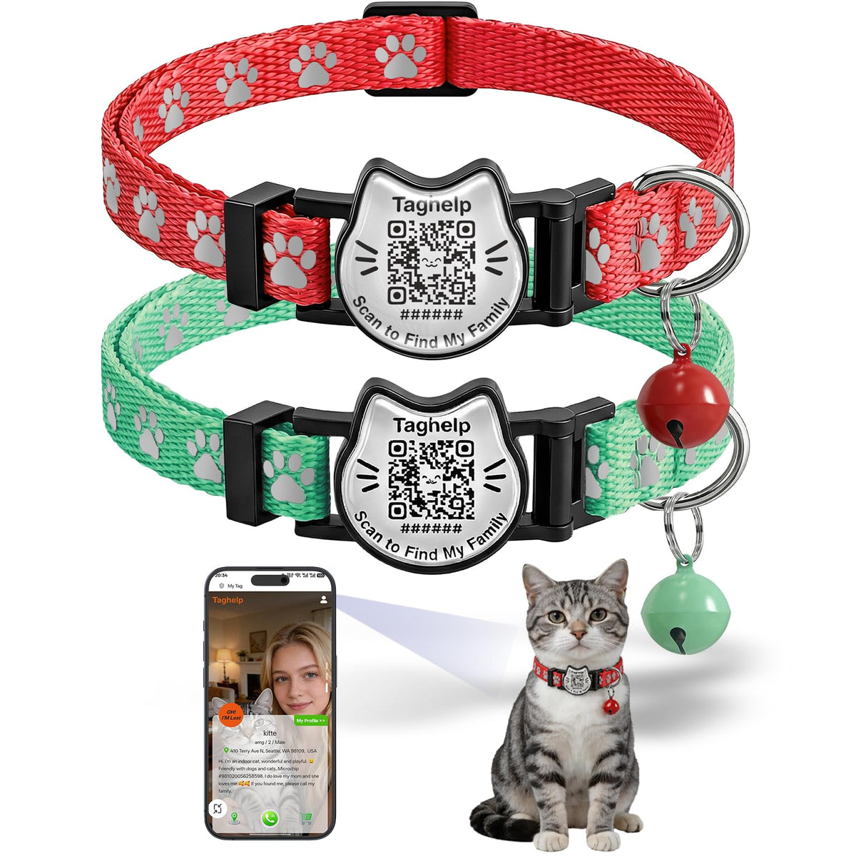 Breakaway Cat Collar with QR Code Tag and Bell (Black & Rose red)