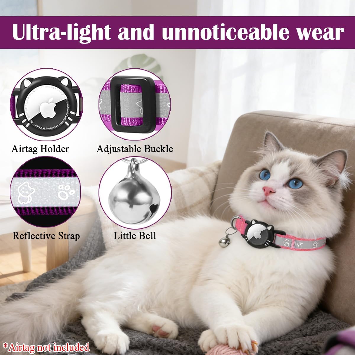 Cat Collar with Airtag Holder for Puppies Kittens, Pink, XS