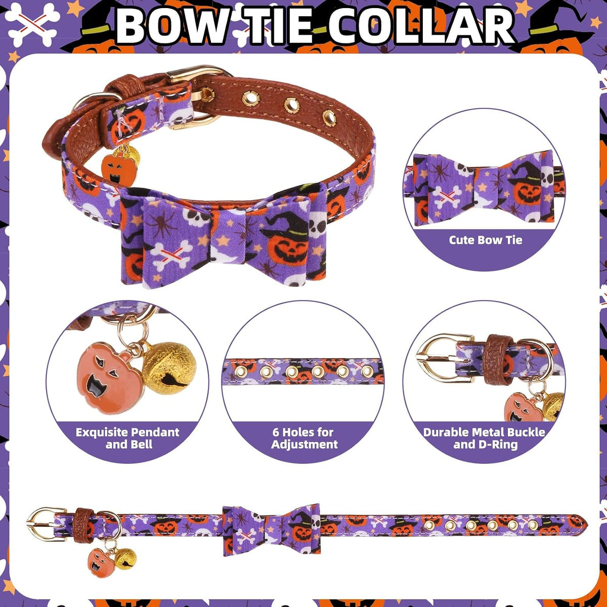 PUPTECK Halloween Dog Collar and Leash Set - 3 Pack Adjustable Pet Bandana Collars with Bow Tie and Bells, Soft Leather for Small Dogs Puppies and Cats Accessories, Orange Pumpkin