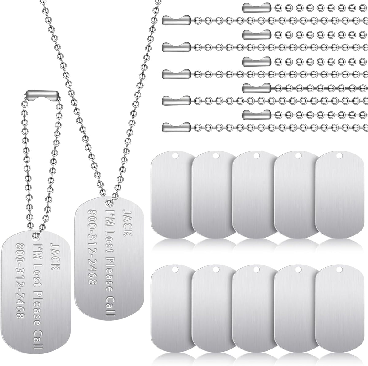 20 Pcs Military Dog Tags Set, 10 Army Blank Tags 10 Chains, Silver