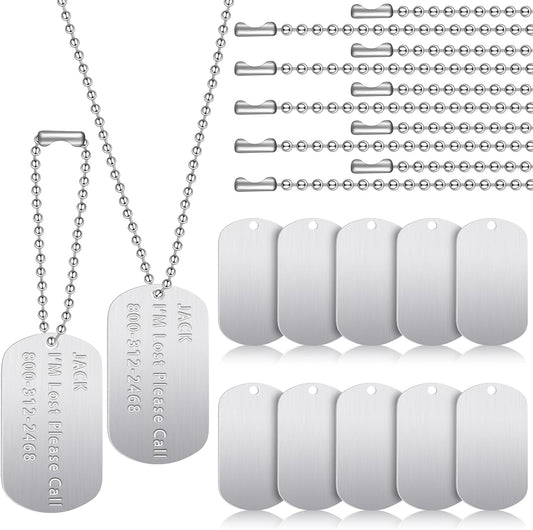 20 Pcs Military Dog Tags Set, 10 Army Blank Tags 10 Chains, Silver