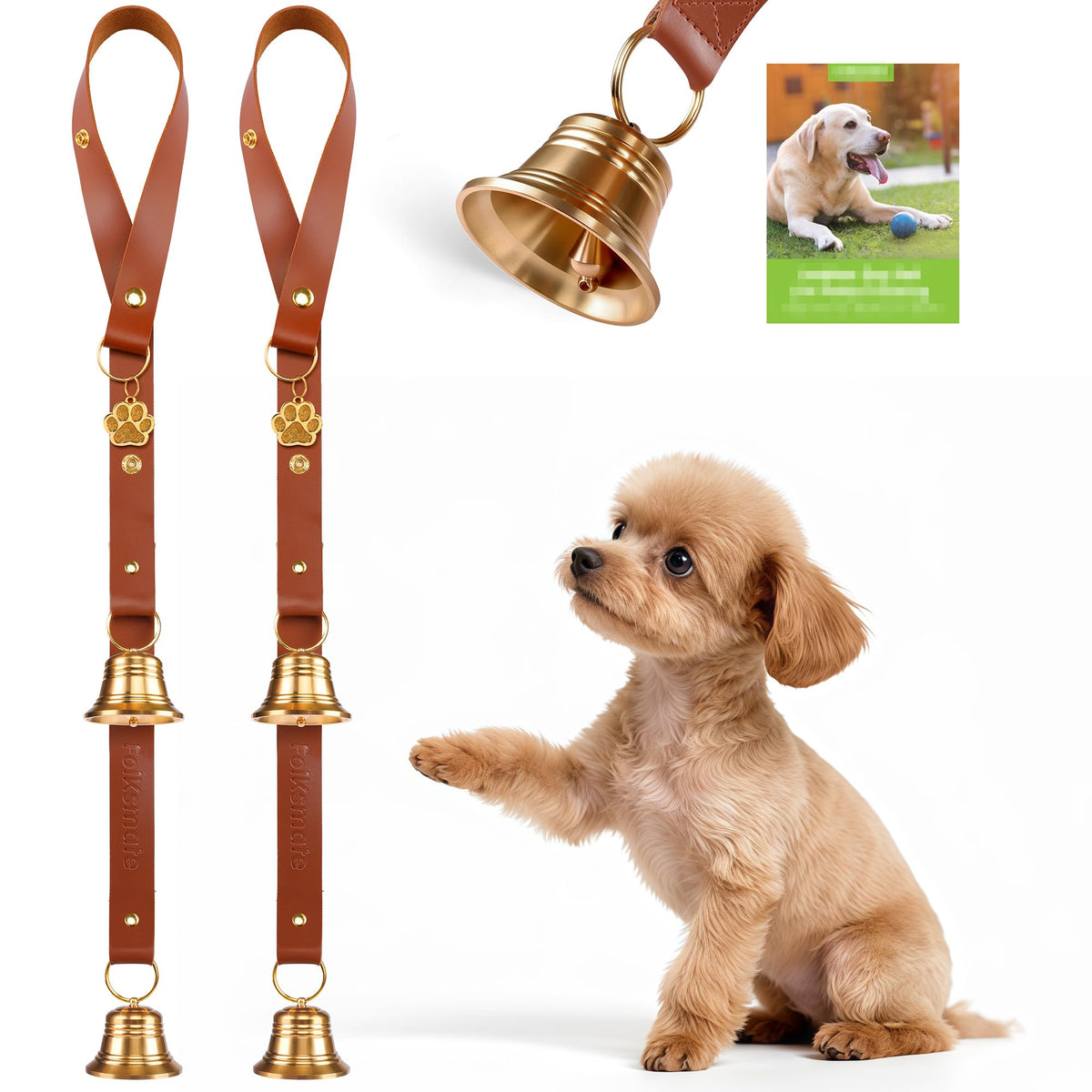 FOLKSMATE Leather Dog Door Bells for Potty Training, Nail-Safe Puppy Dog Door Bells Extra Loud for Dogs Training, Housebreaking, Door Knob, Dog Bell to Ring to Go Outside Puppy Pet Supplies Leather