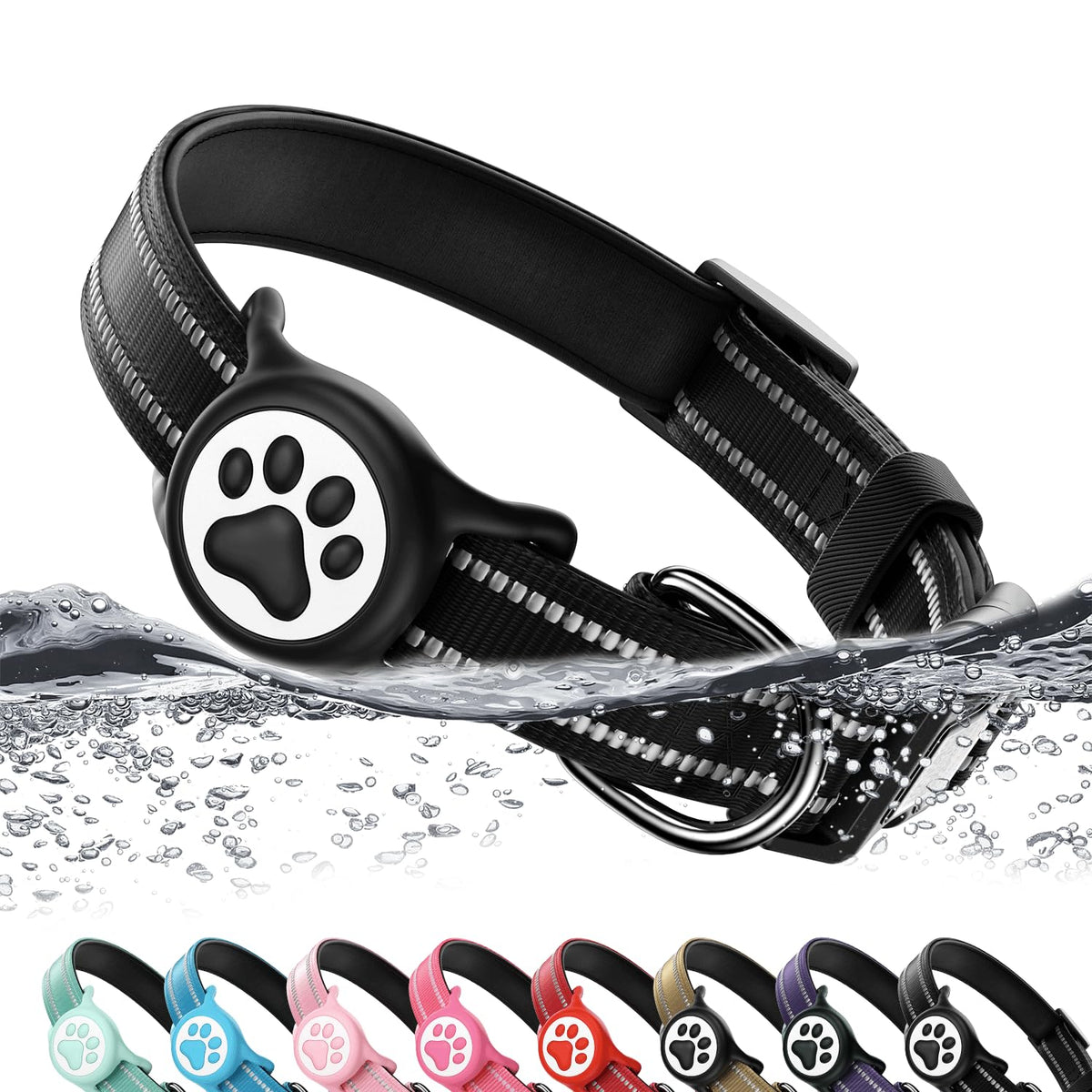 Premium Airtag Dog Collar，with IP68 Waterproof AirTag Holder,Pink,S