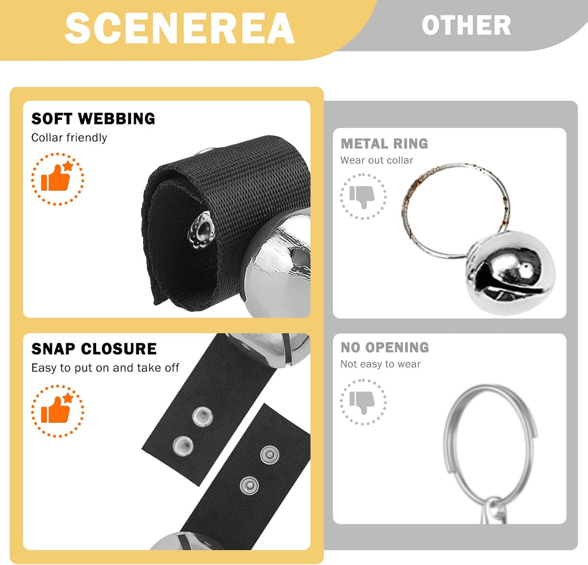 SCENEREAL Large Dog Collar Bell for Training, Hiking, Walking, Hunting, Pet Tracker, 2 Pack 1.5" Extra Loud Pet Bell for Save Wildlife and Birds (Bear Bell, Cow Bell) Gold | Silver