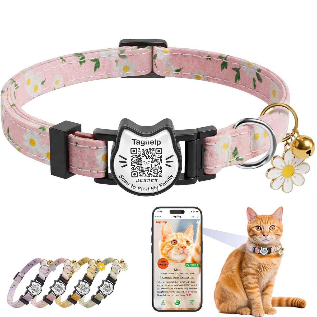 Breakaway Cat Collar with QR Code Tag and Bell (Black & Rose red)