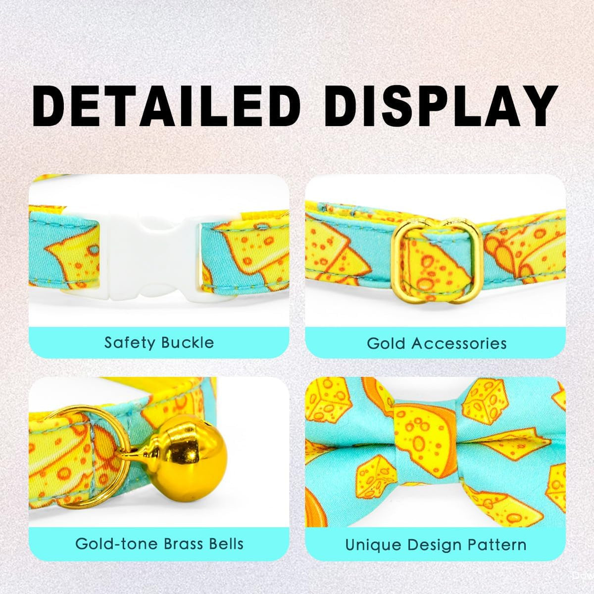 Cheese Cat Bow Tie Collar, Blue & Yellow Cheese Pattern, Wedding/Birthday/Festivals Cat Collar, Quick Release Safety Breakaway Collar