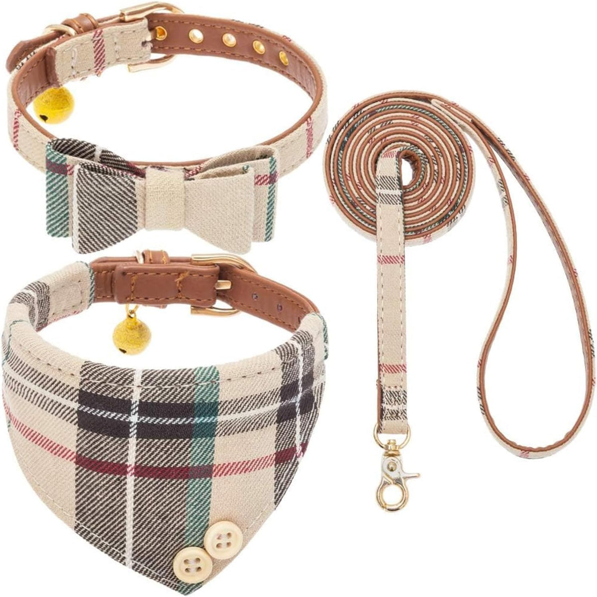 KOOLTAIL Cute Small Dog Collar and Leash Set with Bowtie and Bells,Puppy Bandana Collar and Leash for Girls with Pink Heart Pattern,Soft Leather Tangle Free Leashes for Small Dogs,Cats