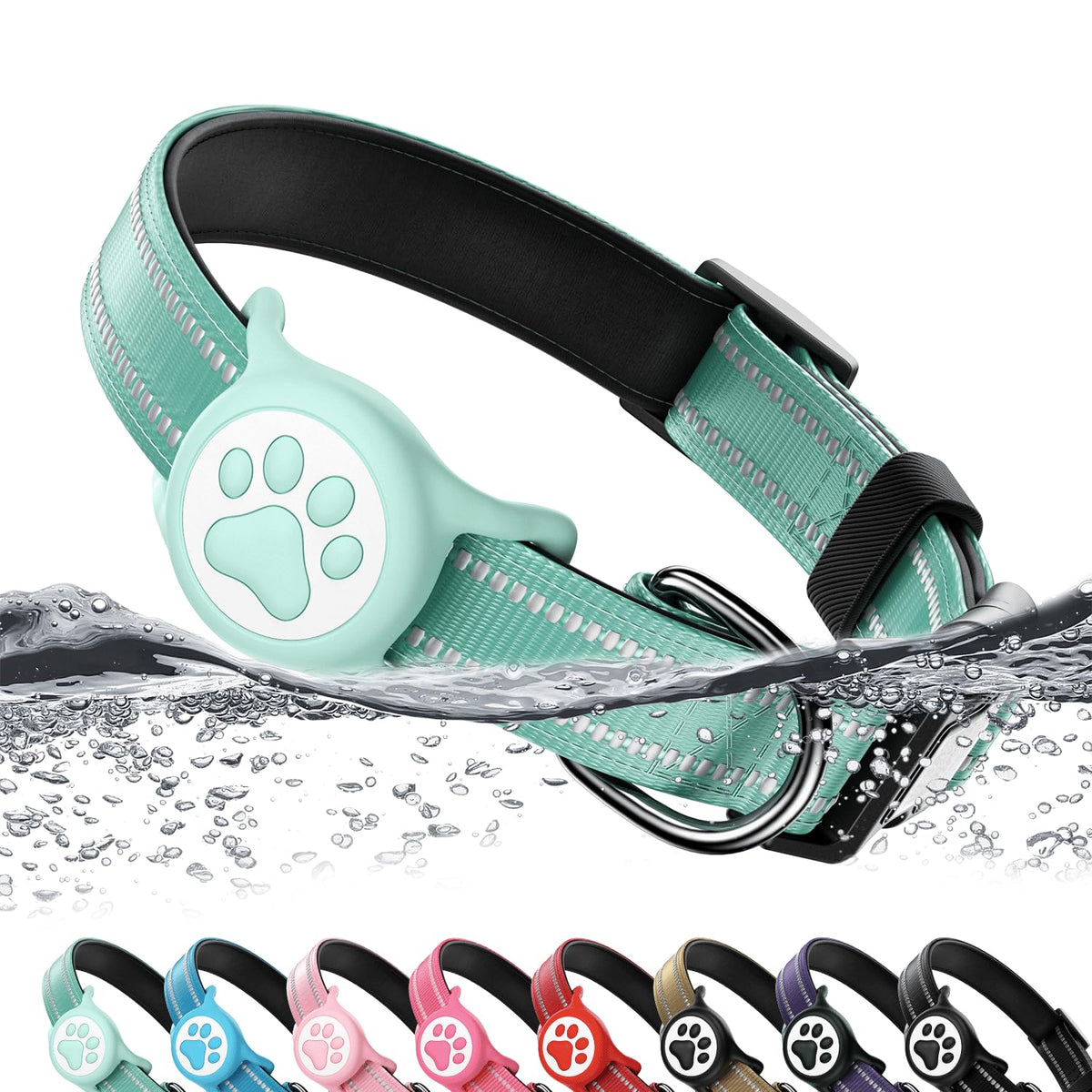 Premium Airtag Dog Collar，with IP68 Waterproof AirTag Holder,Pink,S