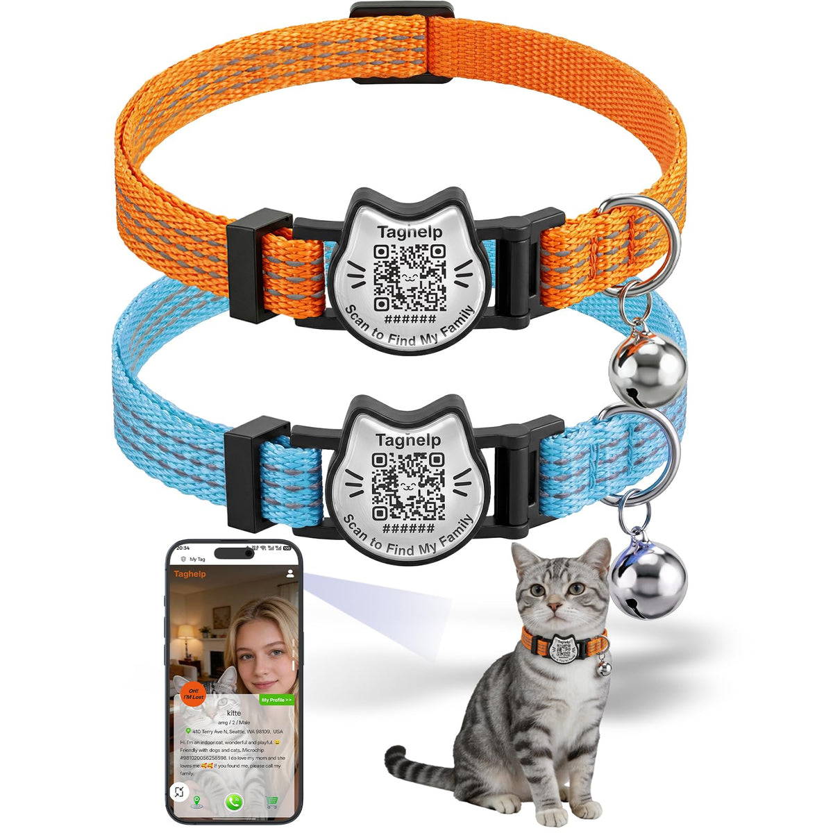 Breakaway Cat Collar with QR Code Tag and Bell (Black & Rose red)