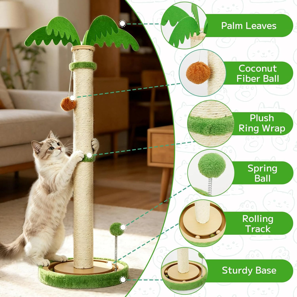 TIMIEEYA 32" Tall Cat Scratching Post - Cat Scratching Posts for Indoor Cats with Spring Ball, Interactive Wooden Track Ball for Kittens Adults Cats