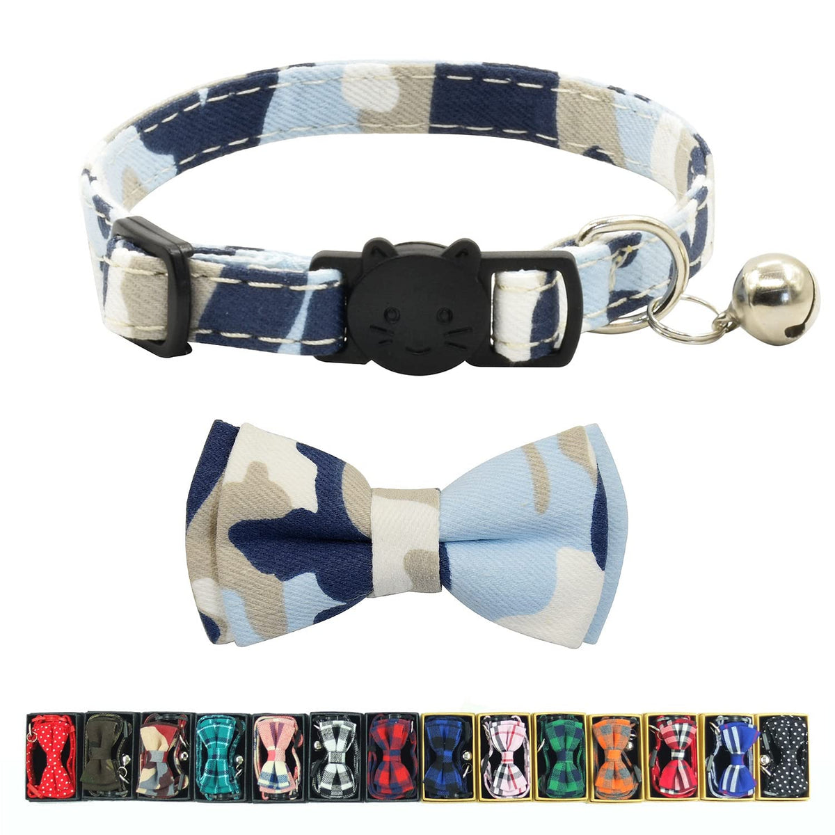Cat Collar Breakaway with Bell and Bow Tie, Plaid Design Adjustable Safety Kitty Kitten Collars Set of 2 PCS (6.8-10.8in) (Green&Orange Plaid)