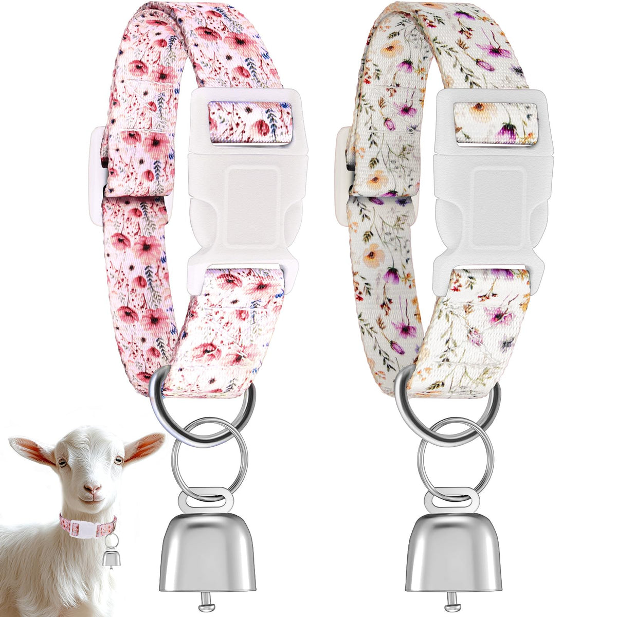 2 Pack Floral Goat Collars with Bells, White Pink Girly Pattern for Lambs