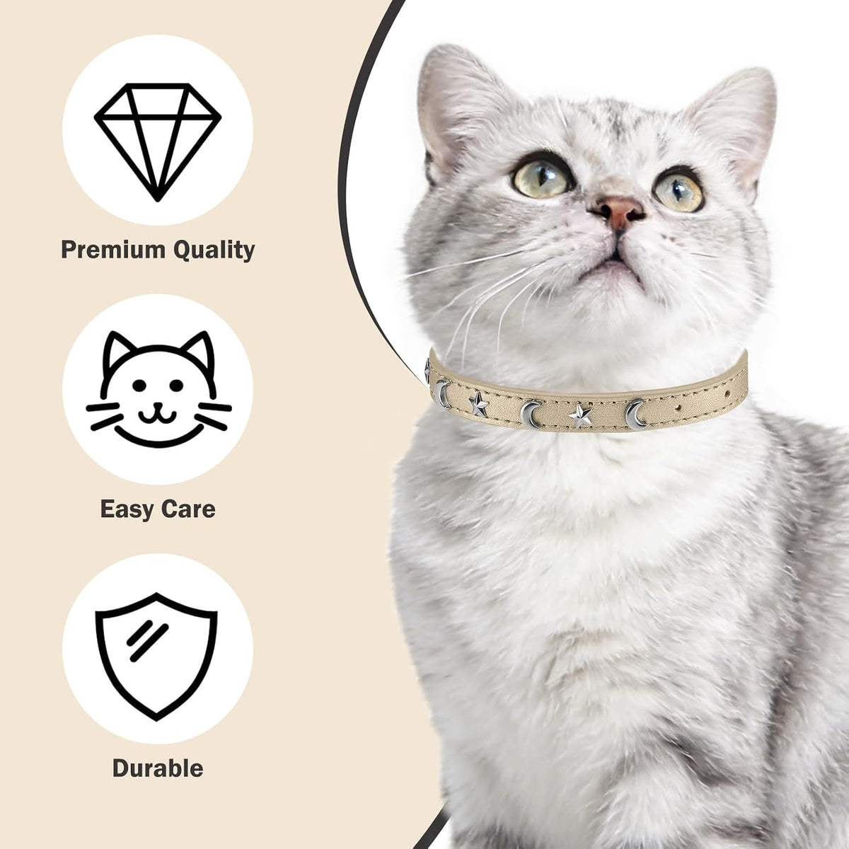 Leather Cat Collar, Breakaway Kitten Collars with Bell, Golden