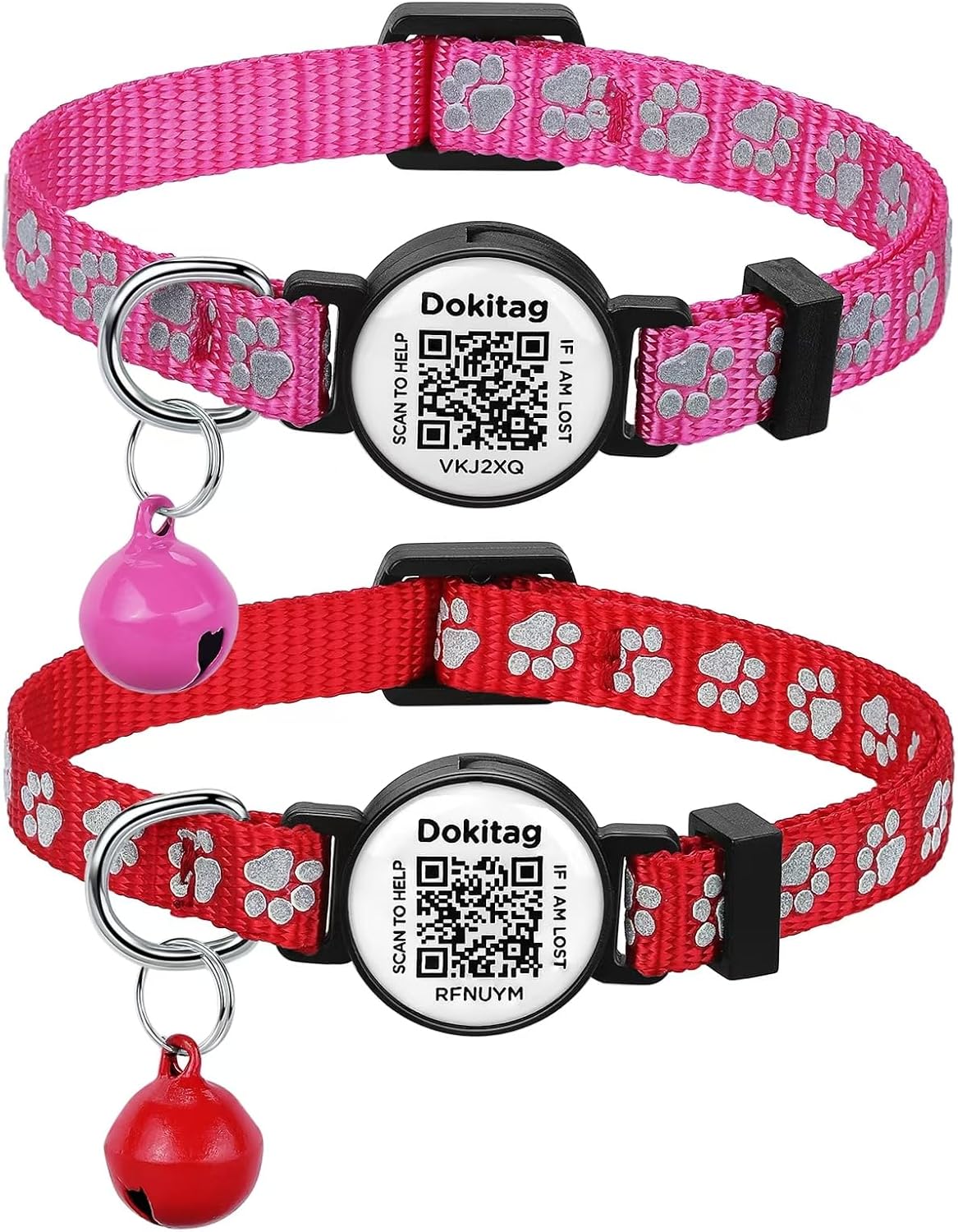 Reflective Cat Collar with QR Code Name Tag,Breakaway Cat Collars with Pet Id Tag and Bells,Scan QR Receive Instant Pet Location Alert Email 2pack (Pink&red)