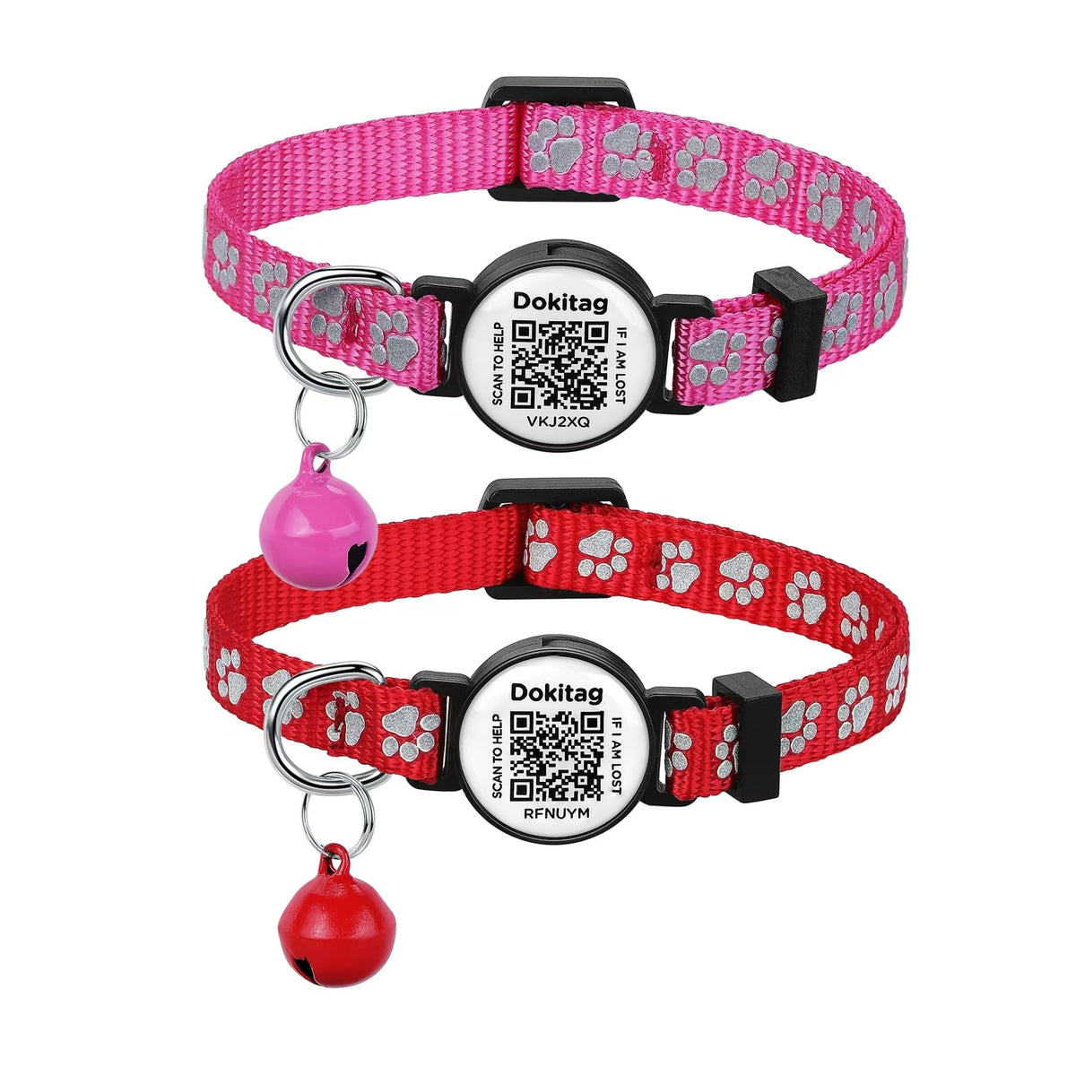 Reflective Cat Collar with QR Code Name Tag,Breakaway Cat Collars with Pet Id Tag and Bells,Scan QR Receive Instant Pet Location Alert Email 2pack (Pink&red)