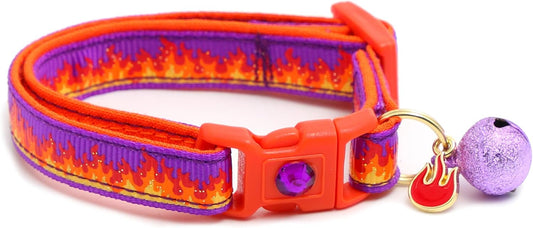 Flame Cat Collar with Charm & Bell | Safety Breakaway | Adjustable Large Size or Kitten Collar (Purple, Small(10lbs & Less))