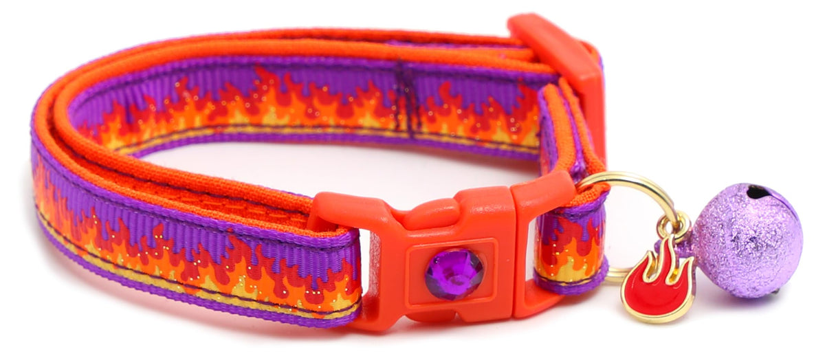 Flame Cat Collar with Charm & Bell | Safety Breakaway | Adjustable Large Size or Kitten Collar (Purple, Small(10lbs & Less))