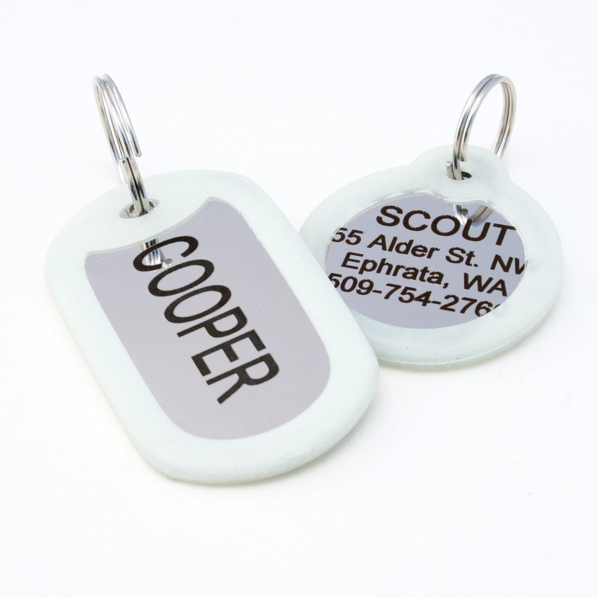 GoTags Personalized Dog Tags in Stainless Steel, Includes Glow in the Dark Tag Silencer to Reduce Noise and Protect Tag and Engraving, No Noise, Quiet Pet Tags, 2 Side Engraving, (Bone Shape)