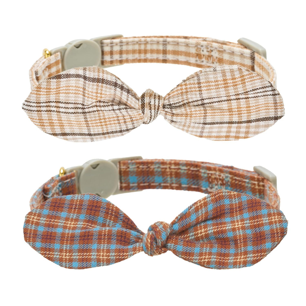 Bowtie Cat Collar with Bell, 2 Pack Cotton Breakaway Kitten Collars with Removeable Bow Stylish Cat Collars, Gradient Plaid & Polka Dot Blue