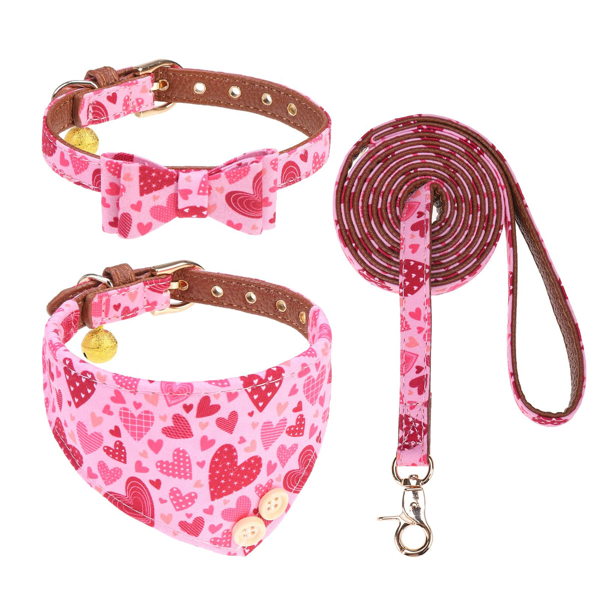 KOOLTAIL Cute Small Dog Collar and Leash Set with Bowtie and Bells,Puppy Bandana Collar and Leash for Girls with Pink Heart Pattern,Soft Leather Tangle Free Leashes for Small Dogs,Cats
