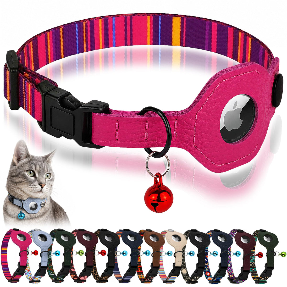 Breakaway Cat Collar with Leather AirTag Holder & Bell - Apple Air Tag Cat Collars for Girls & Boys, Lightweight Anti-Lost GPS Tracker Design, Printed Pattern - Safety and Adjustable (Aztec)