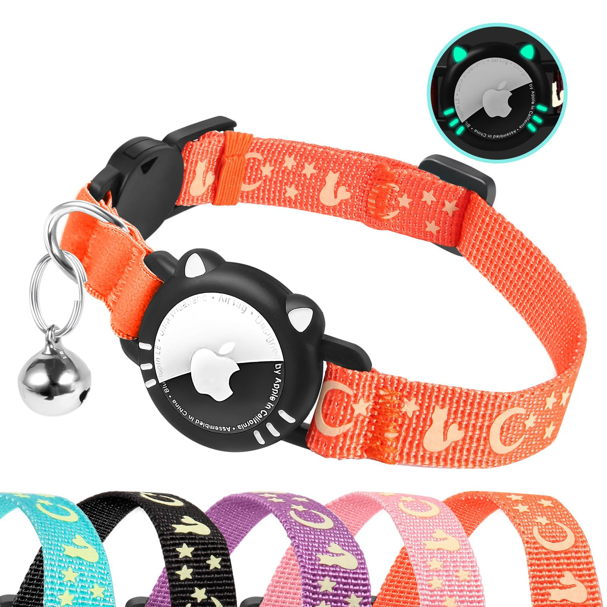 Reflective Breakaway Cat Collar with Airtag Holder and Bell, Orang, S