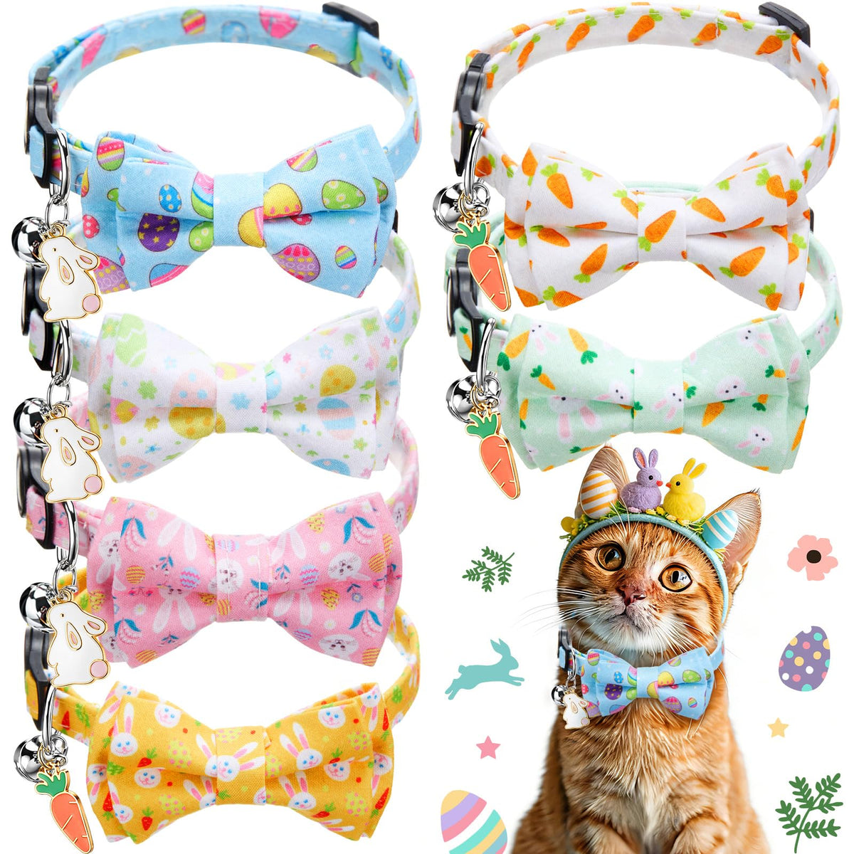 Hsei 6 Pcs Fall Cat Collars Bulk Bow Tie Bell for Autumn Charm Grooming