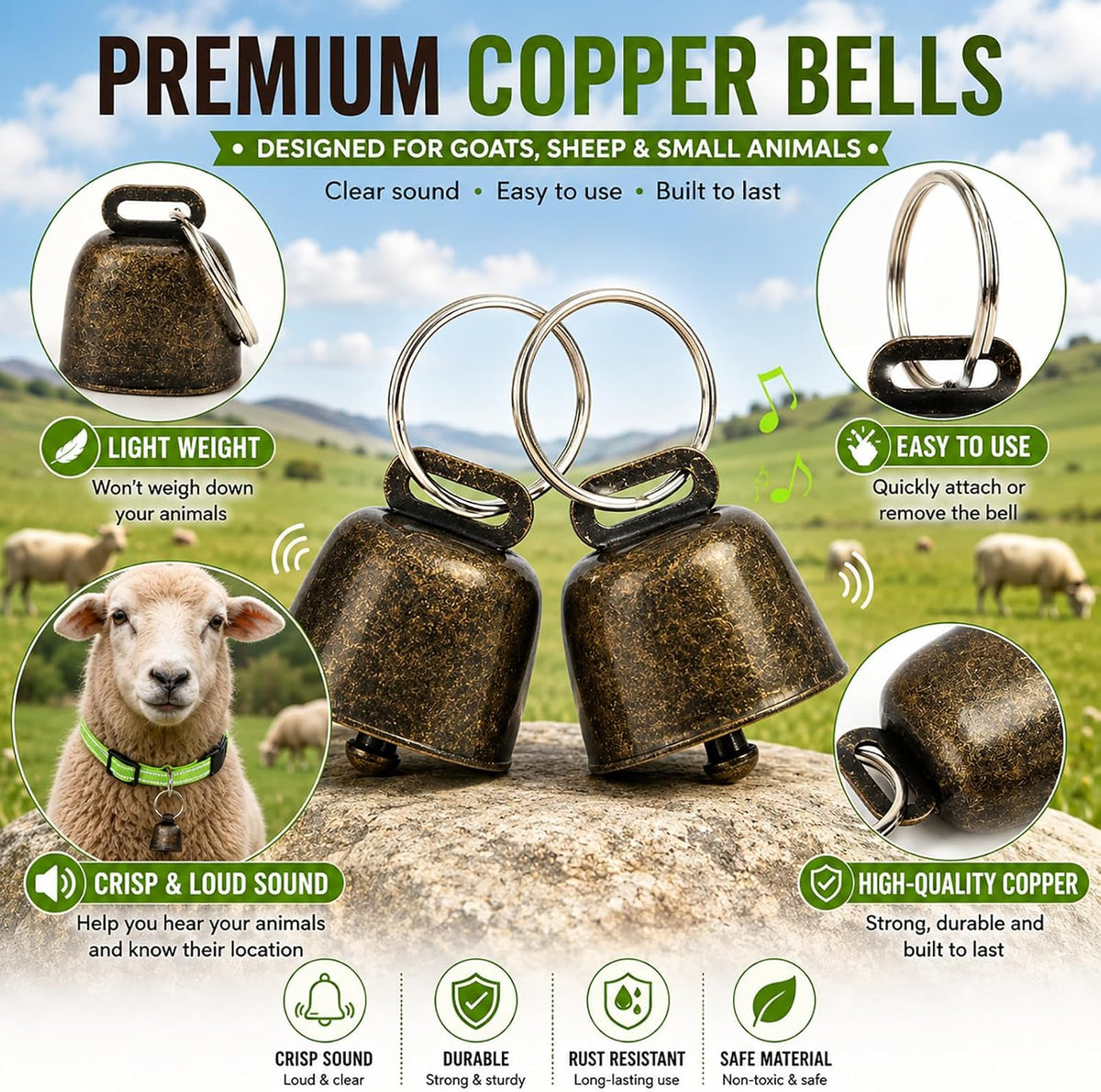 3 Pack Reflective Goat Collars with Bells,Anti-Lost Pet Collar